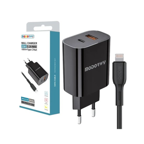 Carregador de Parede PD Modorwy MA1116 USB 2,0+Tipo-C con Lightning cabo 5V 3,1A Preto